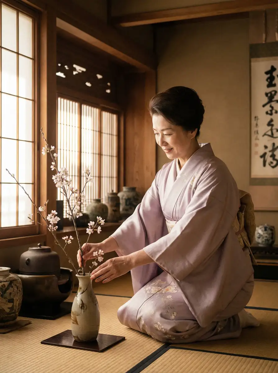 一位优雅的 小狗质检员 在和室中插花